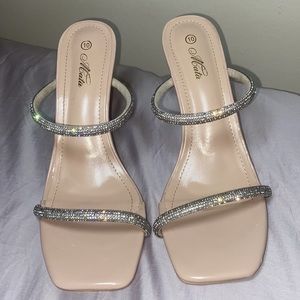 Two Strap Nude Heels - Diamond Accent
